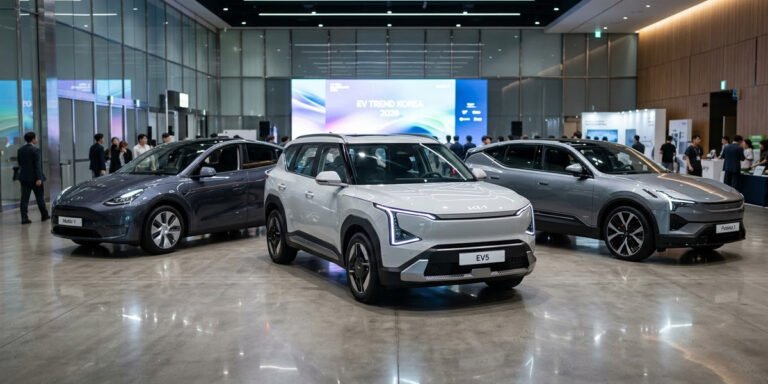 EV 트렌드 코리아 2026 분위기 속에 EV5와 폴스타 3, 테슬라 모델 Y가 함께 배치된 대표 이미지
