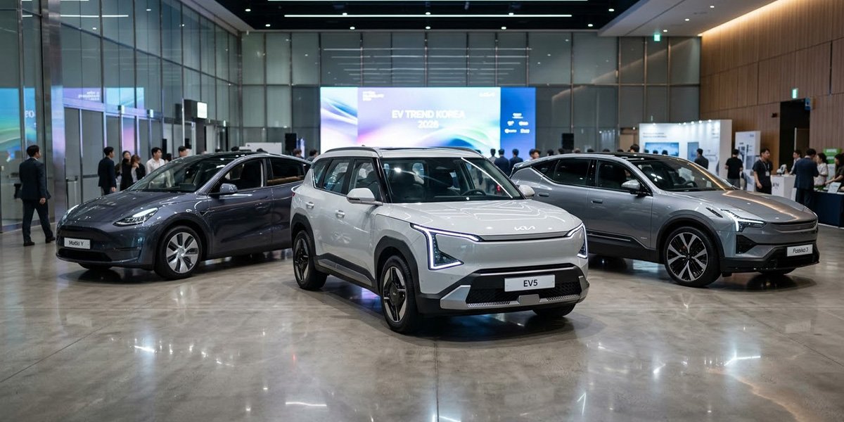 EV 트렌드 코리아 2026 분위기 속에 EV5와 폴스타 3, 테슬라 모델 Y가 함께 배치된 대표 이미지