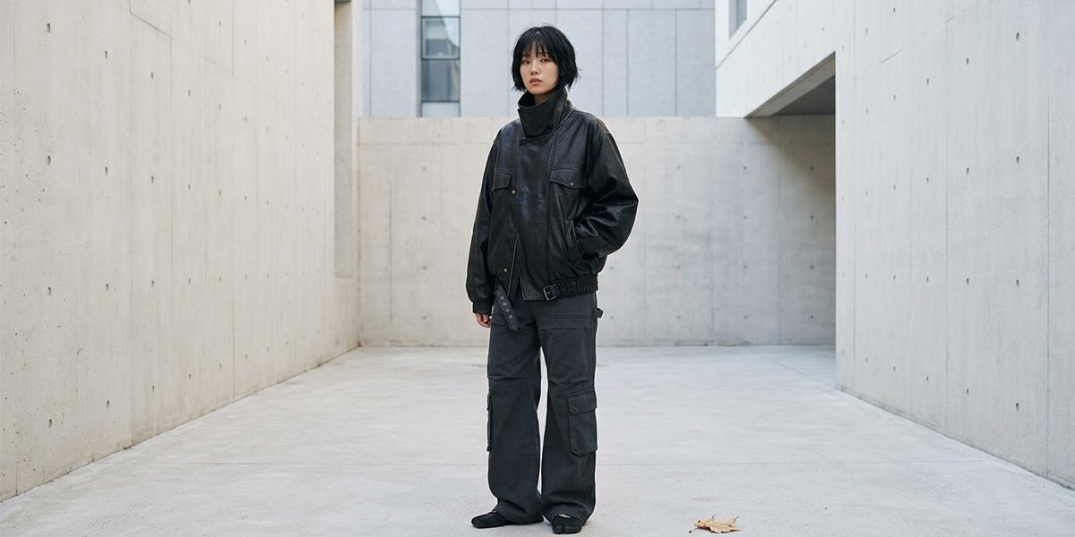 하이넥 블랙 레더 재킷과 와이드 팬츠를 활용한 2026 가을 패션