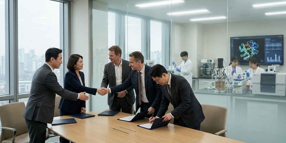 국내 바이오 신약 기술이 글로벌 제약사로 이전되는 협력 계약을 표현한 이미지