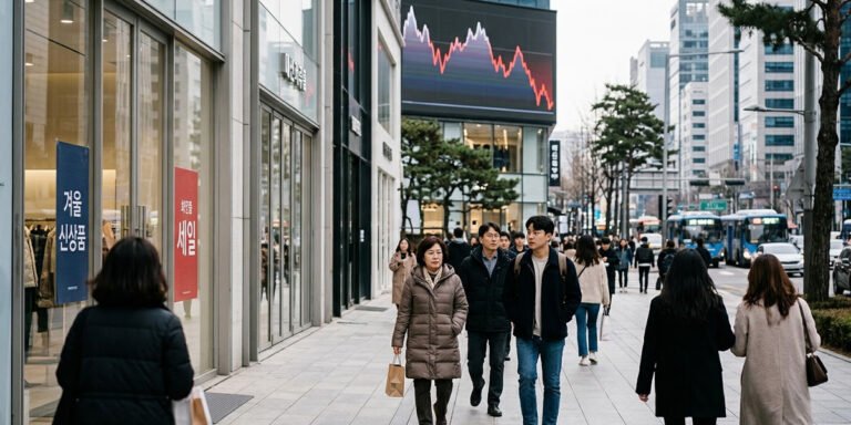 증시 조정과 함께 8월 소비자심리지수가 하락한 한국 경제 상황을 표현한 이미지