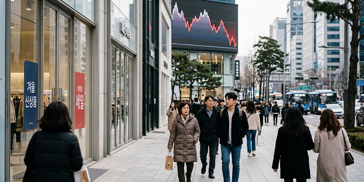 증시 조정과 함께 8월 소비자심리지수가 하락한 한국 경제 상황을 표현한 이미지