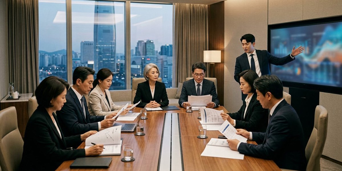 기업 합병가액의 적정성을 검토하는 이사회와 외부평가 과정을 표현한 이미지