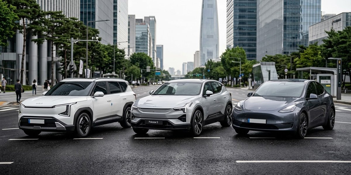 서울 도심 배경에서 EV5와 폴스타 3, 테슬라 모델 Y를 비교해 보여주는 전기 SUV 이미지
