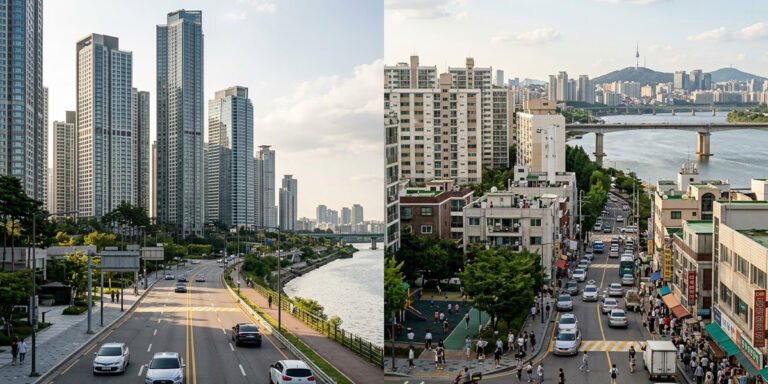 강남과 서울 외곽 아파트 시장의 서로 다른 가격 흐름을 표현한 모습