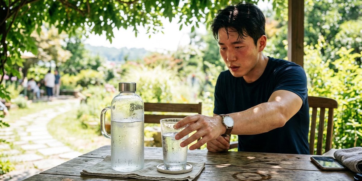 더운 여름철 야외활동 중 물을 마시는 수분 섭취 모습