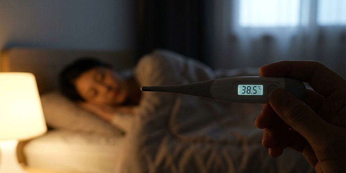 인플루엔자 유행주의보 발령 속 38.5도 고열을 가리키는 체온계와 환자