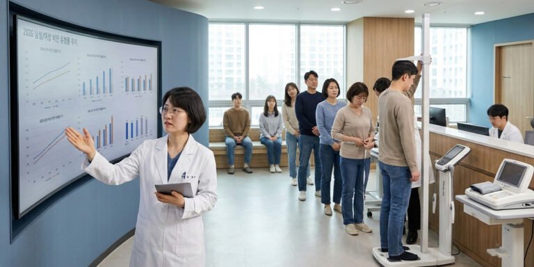 국내 성인의 BMI와 허리둘레를 조사하는 2026 비만 팩트시트 건강검진 모습