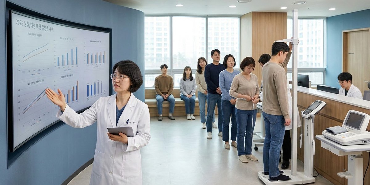 국내 성인의 BMI와 허리둘레를 조사하는 2026 비만 팩트시트 건강검진 모습