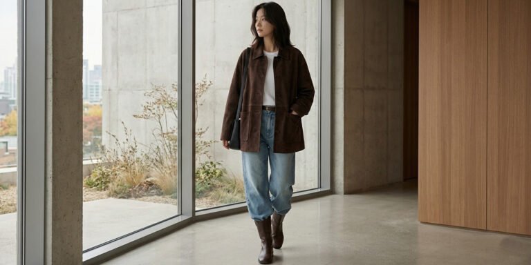 브라운 스웨이드 재킷과 데님, 부츠를 매치한 가을 간절기 패션