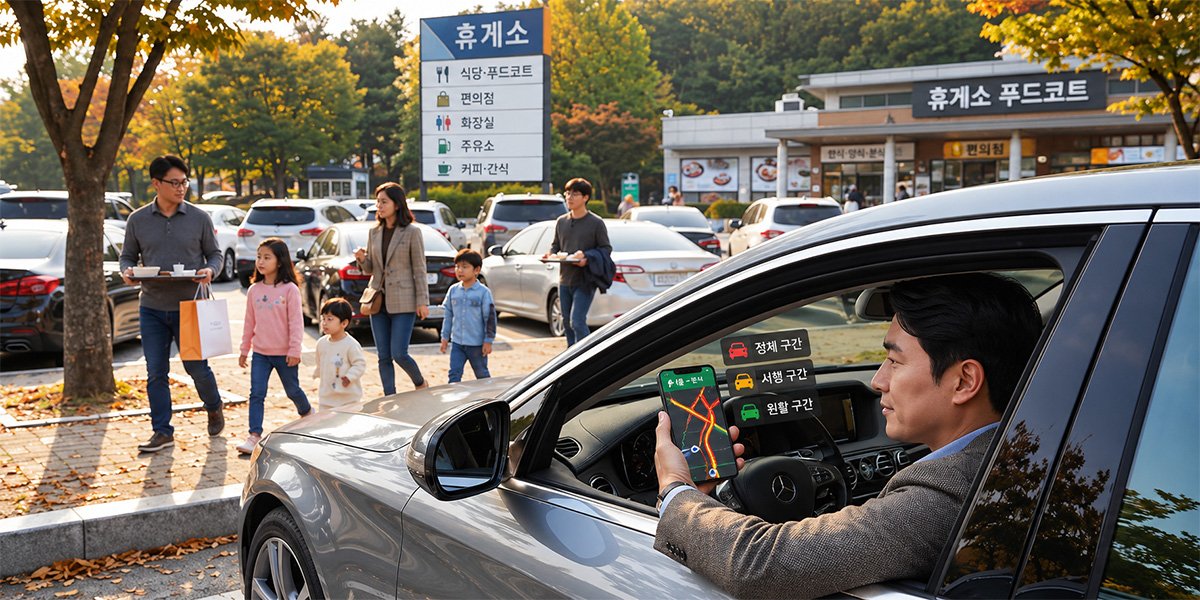 추석 귀성길 휴게소에서 실시간 고속도로 교통정보와 우회경로를 확인하는 운전자