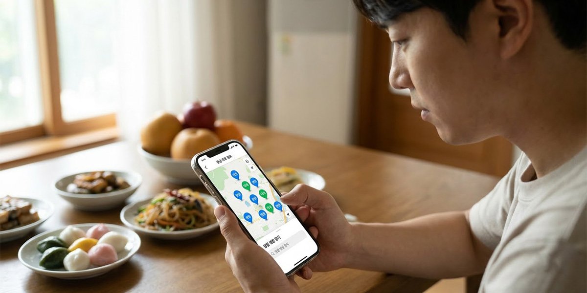 추석 연휴 스마트폰으로 가까운 문 여는 병원과 약국을 찾는 모습