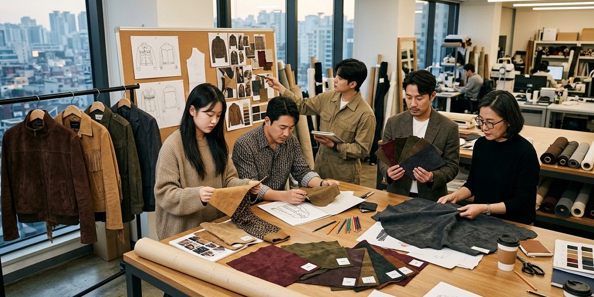 가을 스웨이드 아우터의 소재와 디자인을 논의하는 패션회사 디자인팀