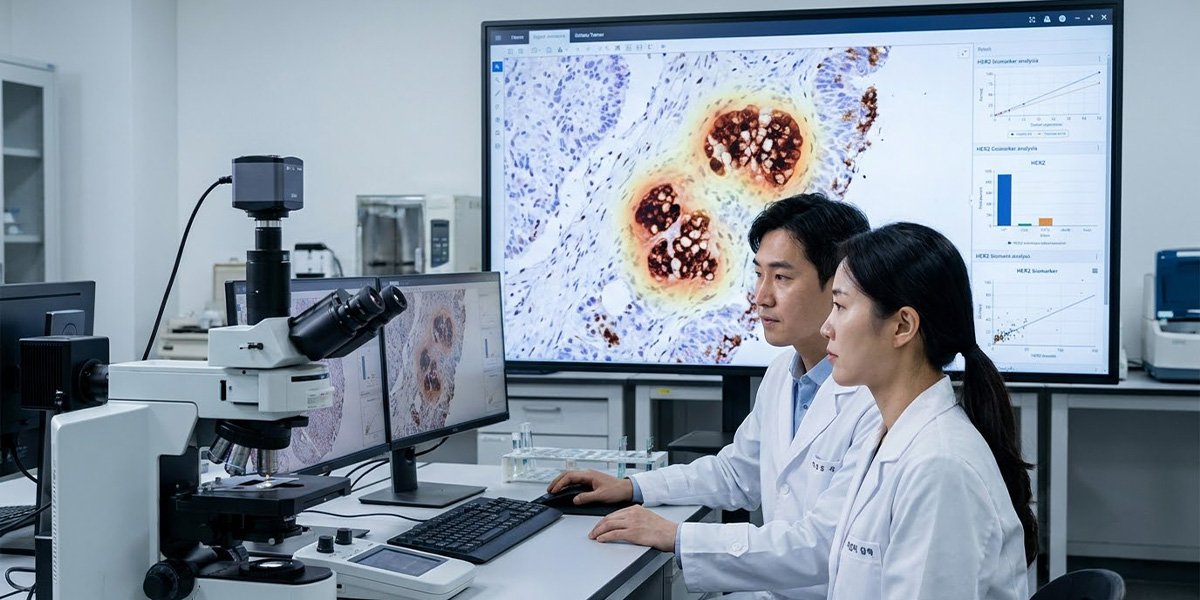 AI 기반 병리 이미지 분석으로 담도암 조직의 HER2 발현을 분석하는 연구진