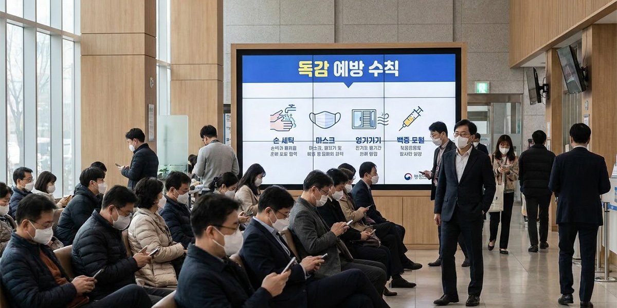 인플루엔자 유행주의보 대처를 위해 마스크를 쓰고 병원 대기실에 모인 환자들