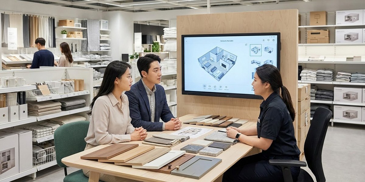 이케아 대구점에서 공간 배치와 가구를 상담하는 홈퍼니싱 플래닝 모습