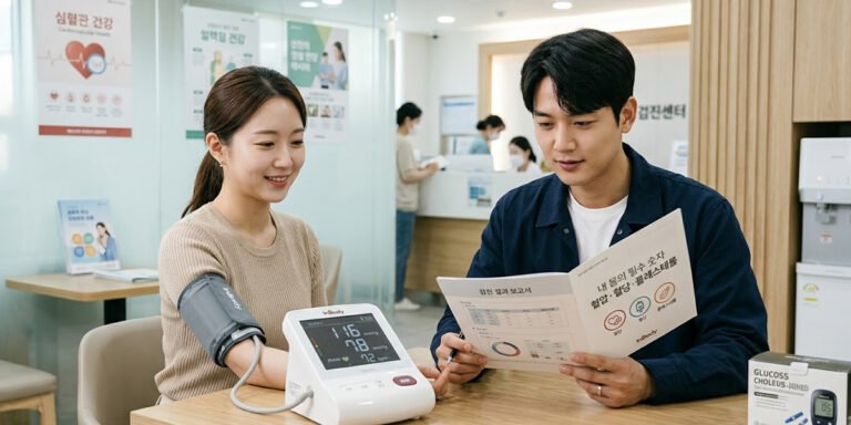 혈압과 혈당, 콜레스테롤 수치를 확인하는 20~30대 건강검진 모습