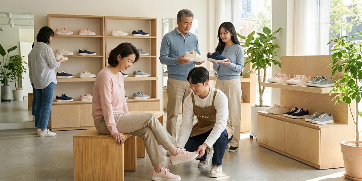 르무통 매장에서 메이트를 직접 신어보는 고객들