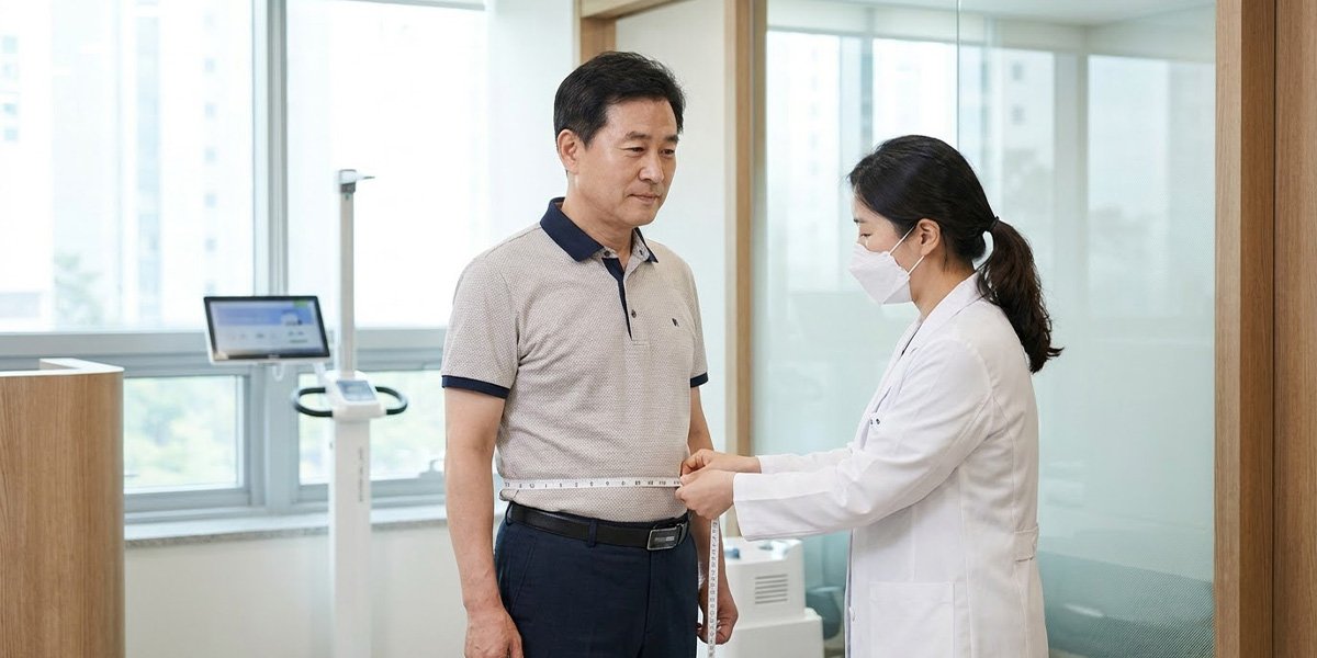 건강검진에서 허리둘레와 체중을 측정하는 30~40대 남성