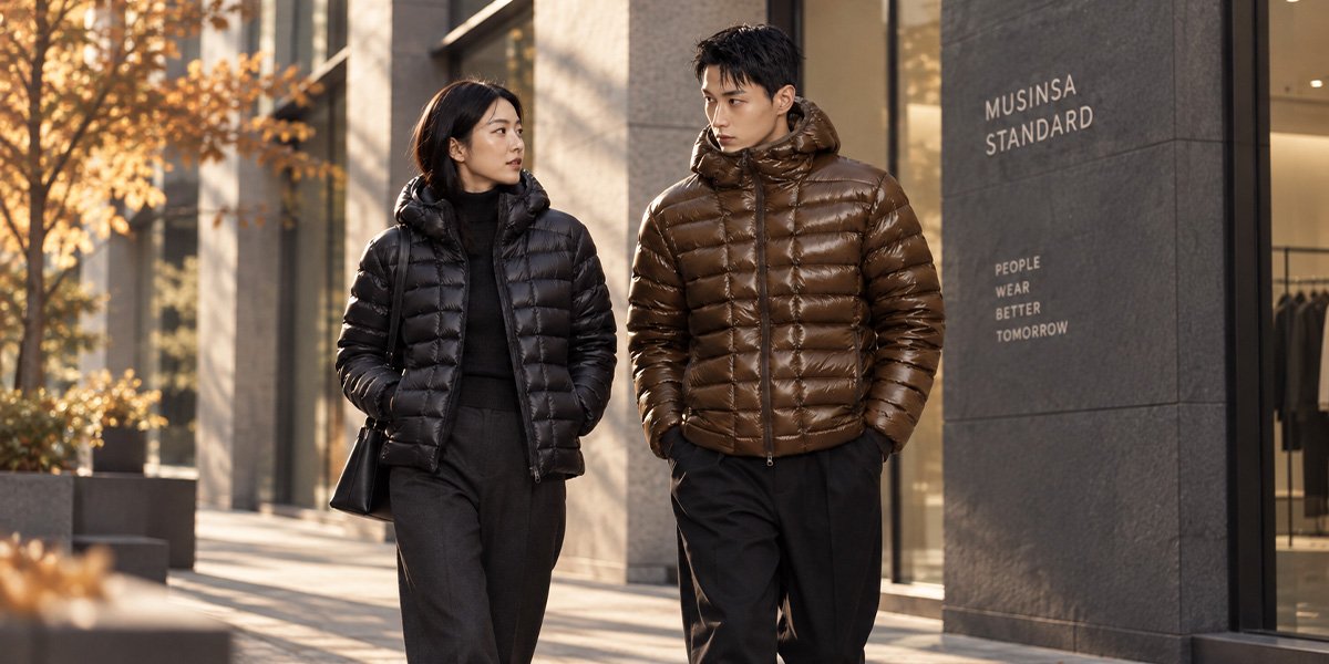 도심 일상복으로 활용되는 무신사 스탠다드 후디드 라이트 다운 재킷