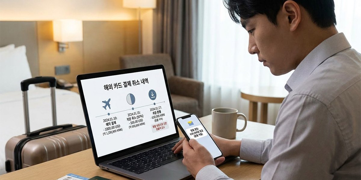 해외 카드 부분취소 후 환율 하락으로 원화 환불액 차이를 확인하는 소비자