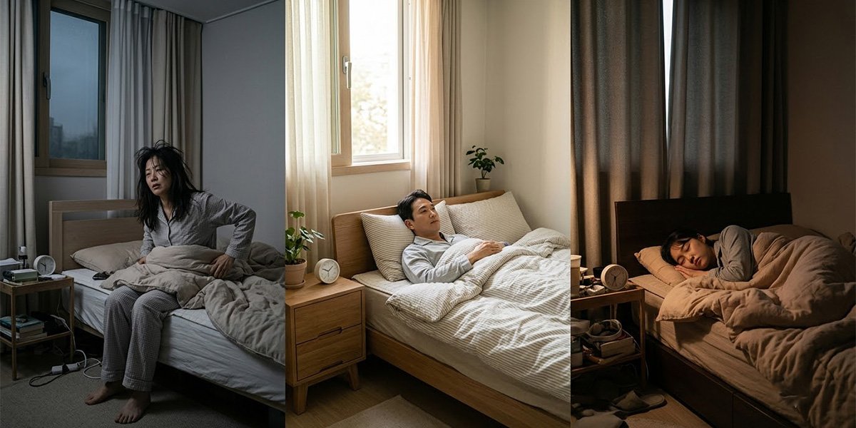짧은 수면과 적정 수면, 긴 수면의 생활 패턴을 비교한 모습