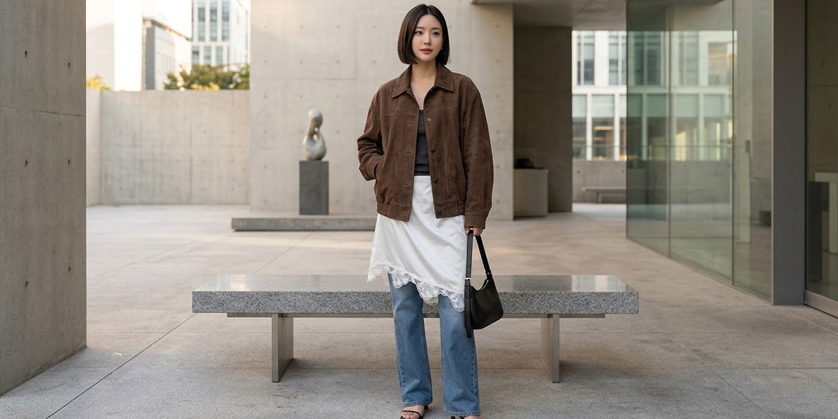 브라운 스웨이드 재킷과 화이트 레이어드 드레스, 데님을 매치한 가을 간절기 스타일