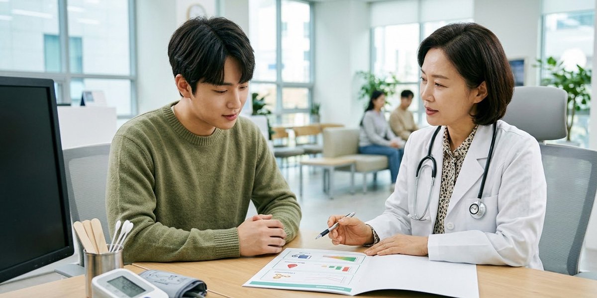 건강검진 후 혈압·혈당·콜레스테롤 결과를 의료진과 확인하는 모습